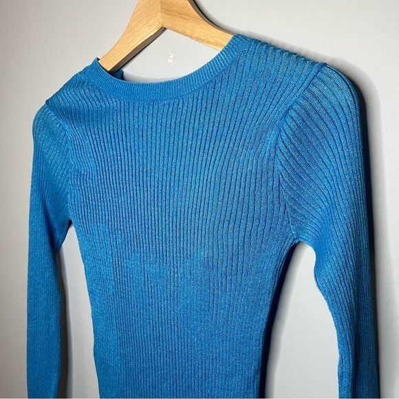 Mango Lace Up Back Cut Out Fine Ribbed Knit Sky Blue Sweater Size Small NWT - Picture 7 of 16
